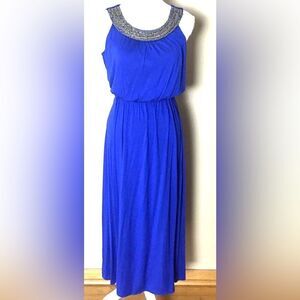 AB Studio Sleeveless Beaded Neck Blue Maxi Dress Women Size Small